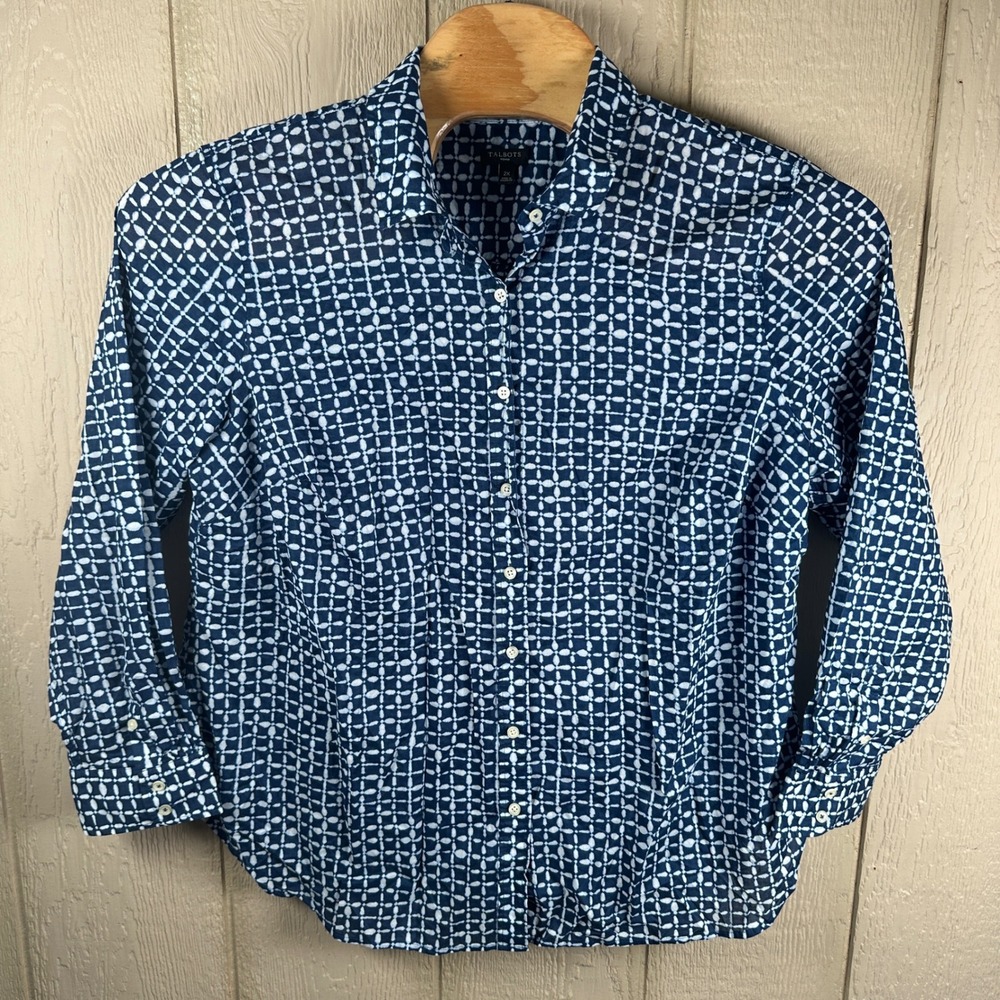 Talbots Button Front Shirt Womens Sz 2X Blue White Geometric Cotton Long Sleeve